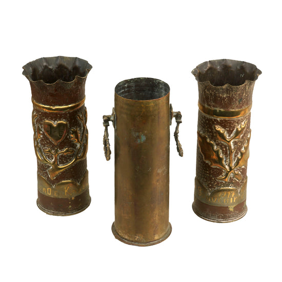 Original French WWI 75mm Artillery Shell Casing Trench Art Vase Lot - 3 Items Original Items