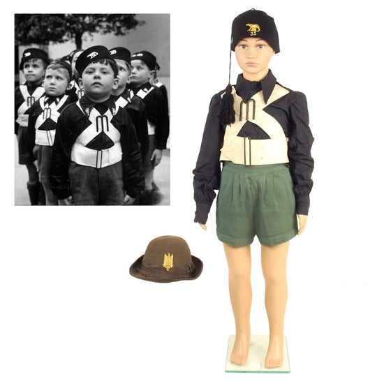 Original Italy Pre- WWII Fascist Italian Youth Opera Nazionale Balilla ONB Uniform Set With Fez and Alpini Cap On Mannequin Original Items