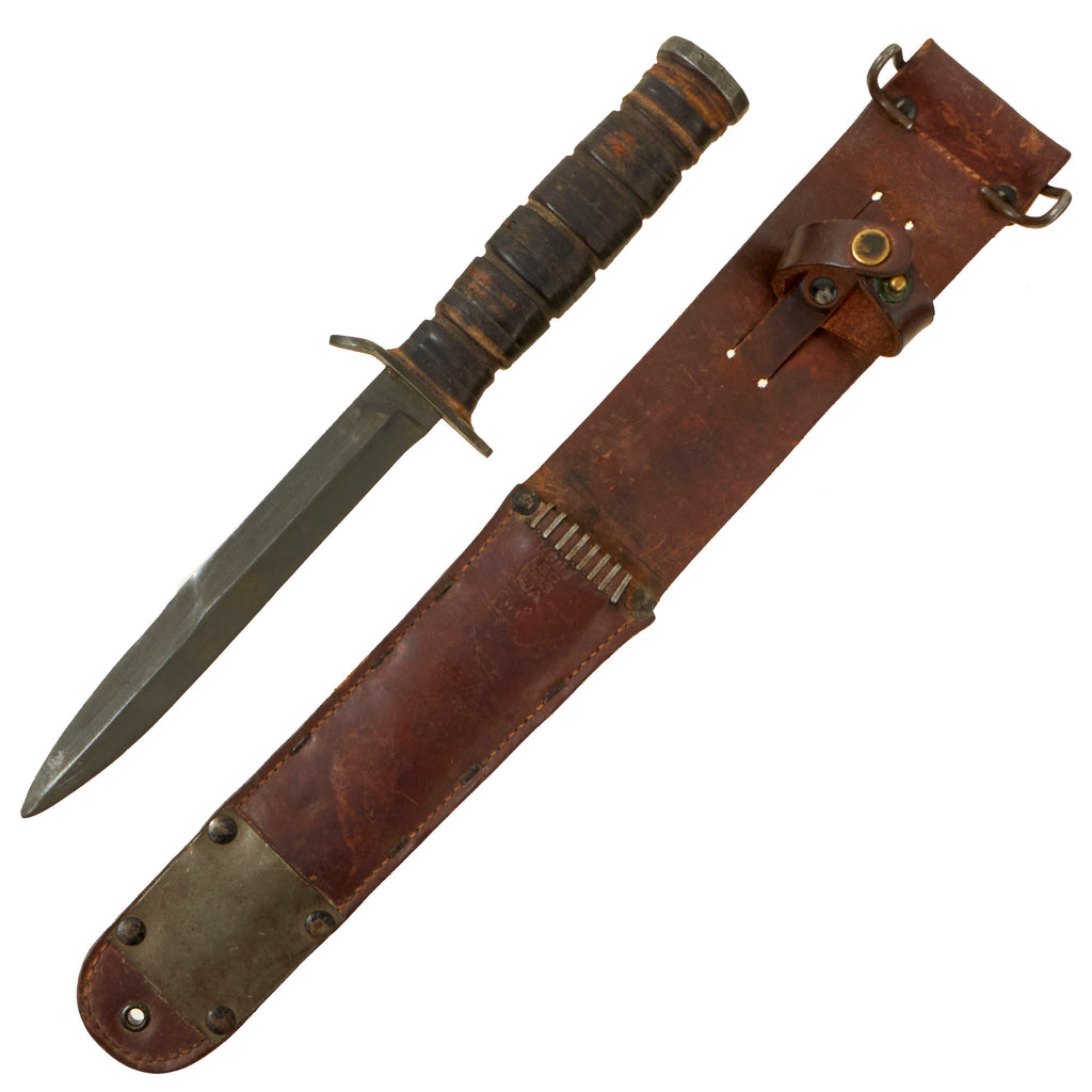 Original U.S. WWII M3 Blade Marked Fighting Knife by Camillus with 1943 dated M6 Leather Scabbard Original Items