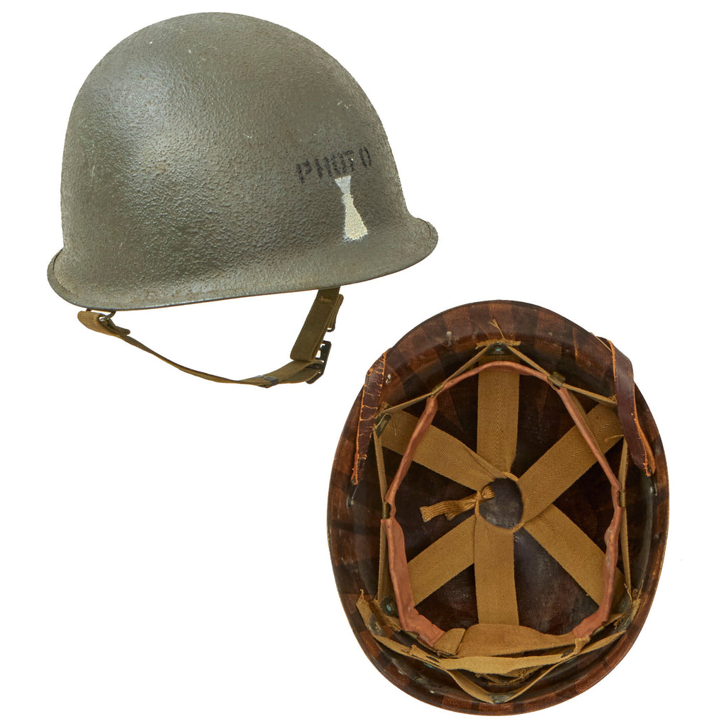Original U.S. WWII Photographer’s Schlueter Front Seam Swivel Bale M1 Helmet with International Molded Plastics Liner Original Items