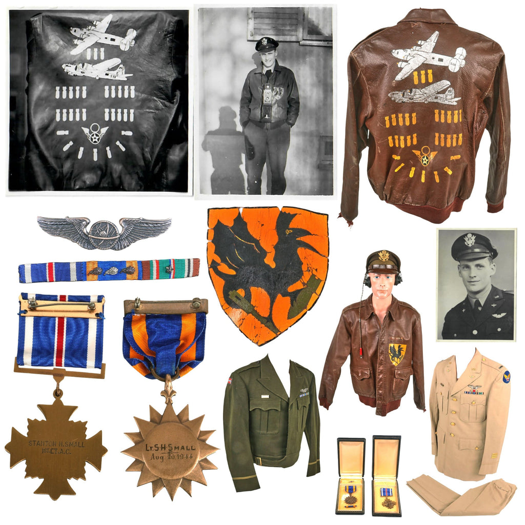 Original U.S. WWII B-17 Navigator Distinguished Flying Cross Recipient 1st Lieutenant Stanton H Small Painted A-2 Flight Jacket & Uniform Grouping with Engraved DFC & Air Medal and 4 Photo Albums - 833rd Bomb Squadron 486th Bomb Group Original Items