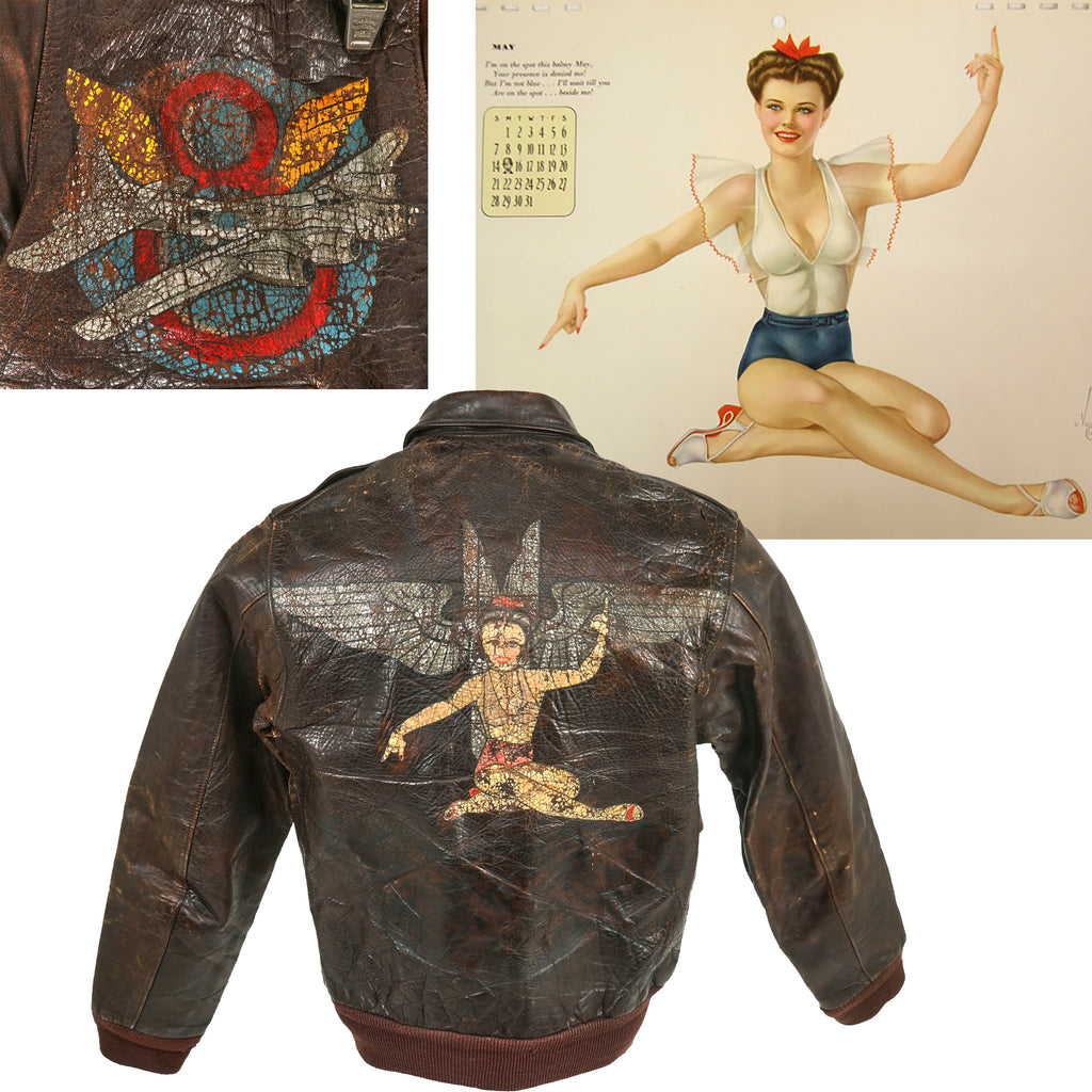 Original U.S. WWII 8th Air Force Varga May 1944 Esquire Magazine Pin-Up Girl Painted A-2 Leather Flight Jacket with Laundry Number & Painted Aerial Gunner’s Wings Original Items