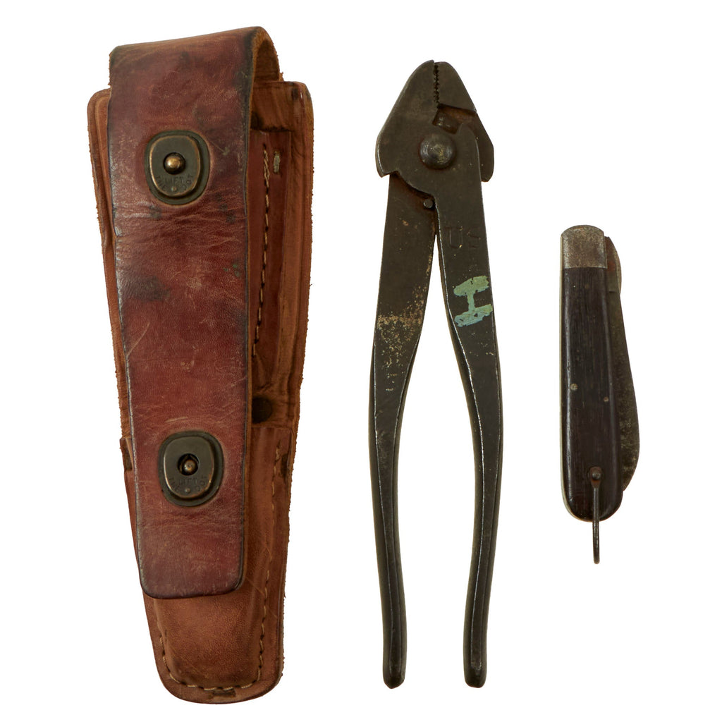 Original U.S. WWII US Army Signal Corps Lineman’s Tool Set With CS-34 Leather Pouch, TL-29 Pocket Knife and U.S. Pliers Original Items