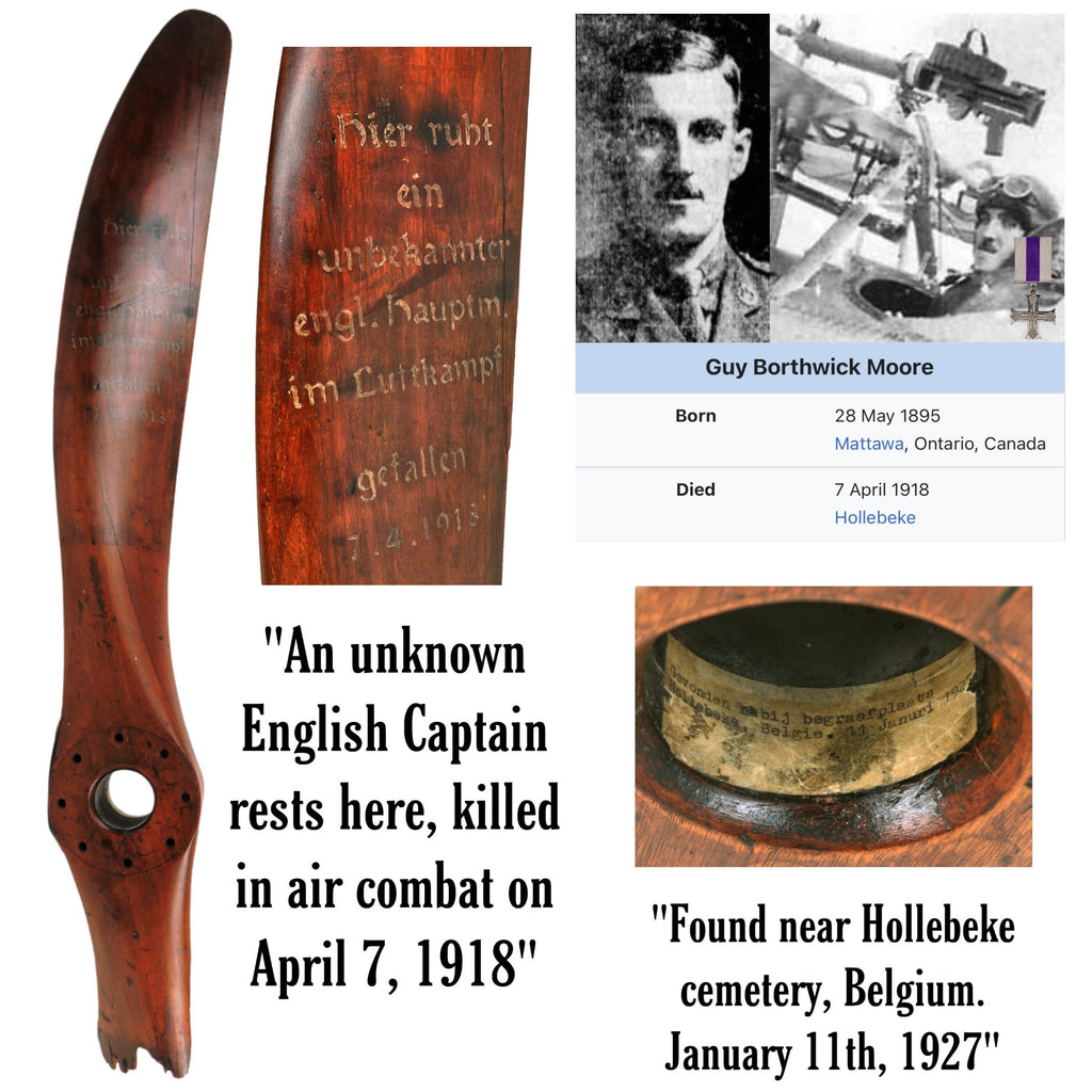 Original British WWI Crashed S.E.5a Biplane Propeller used as Grave Marker by Germans for Unknown KIA British Pilot at Hollebeke Cemetery with Possible Identification Original Items