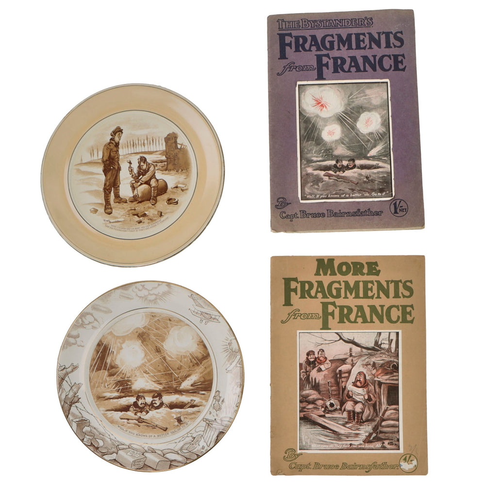 Original British WWI Bruce Bairnsfather Cartoon Books with War Relief Plates - Rare Original Items