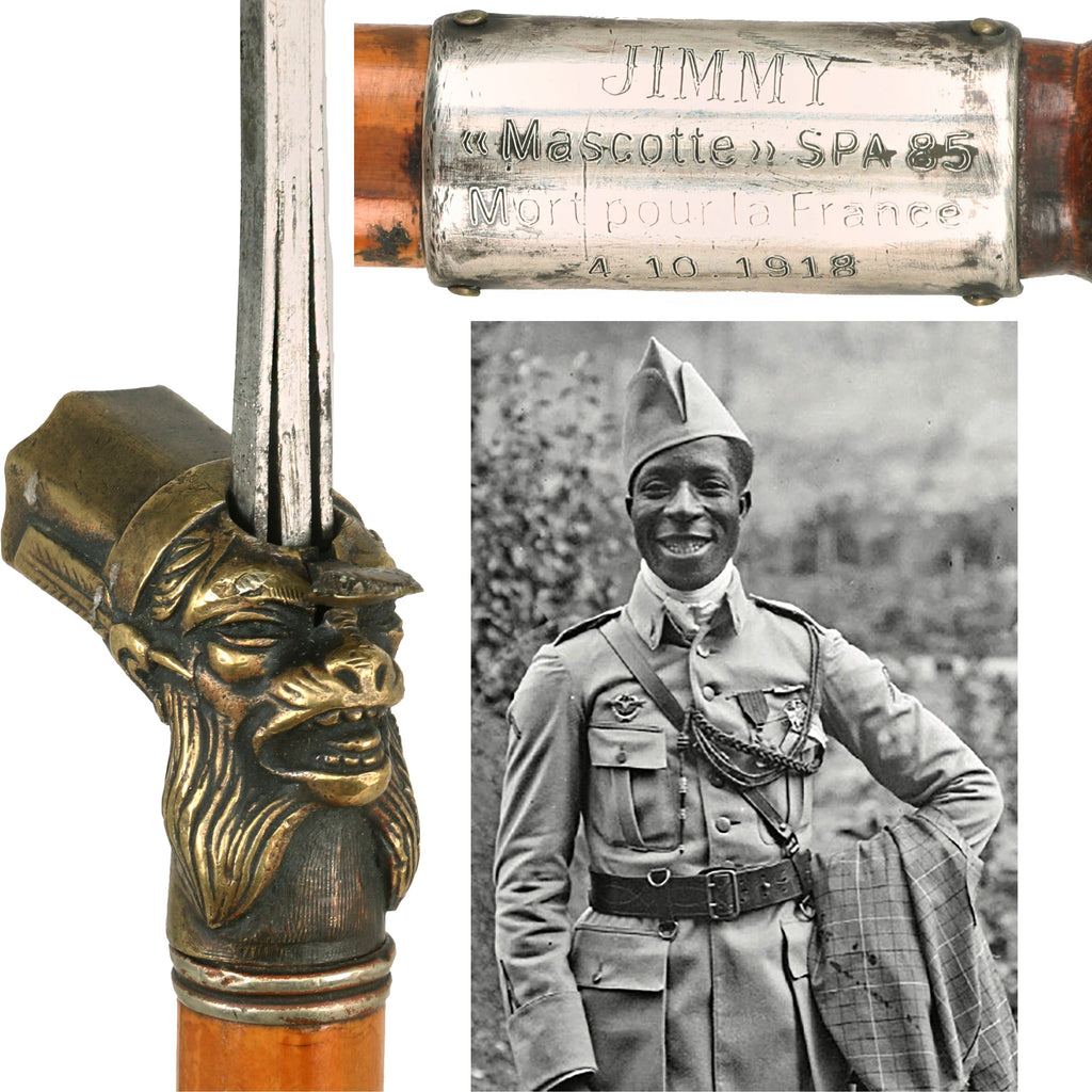 Original U.S. WWI Sword Cane Named to the World’s First Black Fighter Pilot “The Black Swallow of Death” Eugene Bullard with Plaque for Monkey “Jimmy” Mascot of Escadrille 85 Original Items