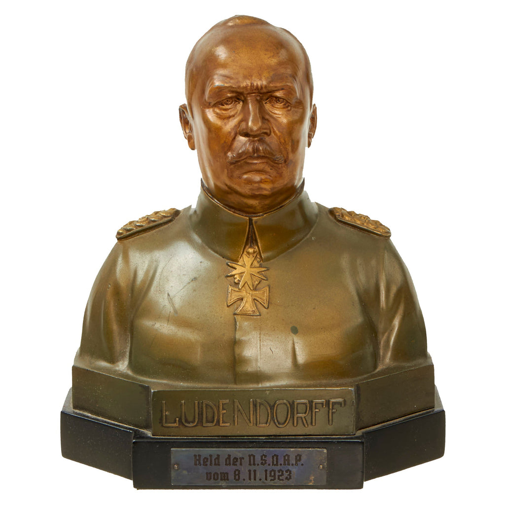 Original German WWII Bronze Signed Bust of General Erich Ludendorff with Plaque Commemorating His Involvement in the 1923 Beer Hall Putsch Failed Coup Original Items