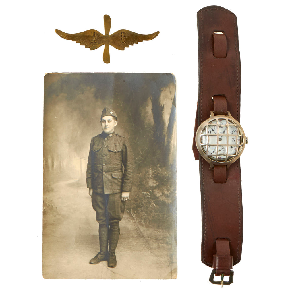Original U.S. WWI Waltham Model 1907 “Trench Watch” Dated 1916 With Original Shrapnel Cage, Strap, Air Service Trench Art Cap Device and Period Photo Original Items
