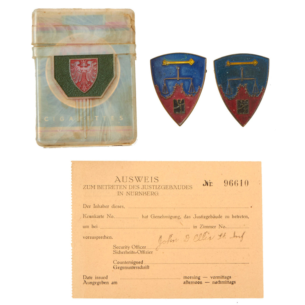 Original U.S. WWII 6850th Internal Security Detachment German Made Unit Insignia With Nuremberg War Trials Cigarette Case and Unopened Lucky Strike Pack For Tribunal Guard Louis Johnson Original Items
