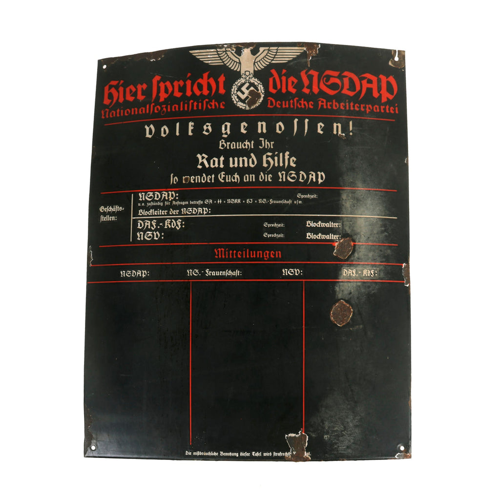 Original German WWII Enameled Steel "Sign der NSDAP" 25 ¼" x 30 ⅝" Public Announcement Board - Emailleschild Original Items