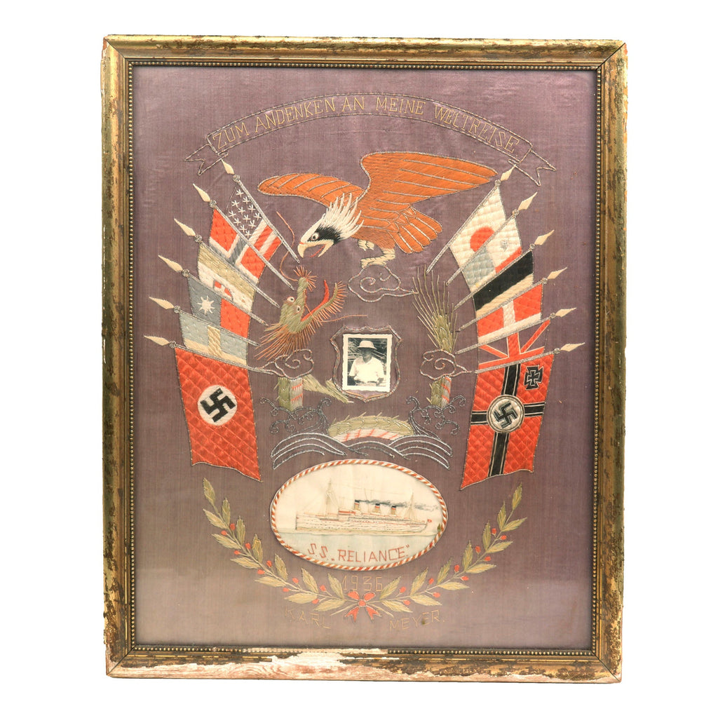 Original German Pre-WWII Named Ocean Voyage 1936 Dated Tour Flag from HAPAG Ship SS Reliance - 17 ½" × 21 ½" Original Items