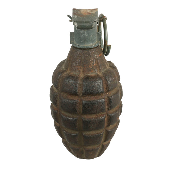 Original U.S. Pre-WWII Inert Early MkII Pineapple Fragmentation Grenade With WWII Era M200A1 Smoke Grenade Fuze Configured To M10 Series Fragmentation Fuse Original Items
