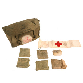 Original British WWII Pattern 1937 Medic Shell Dressing Shoulder Bag with 7 Field Dressings and Red Cross Armband - dated 1942