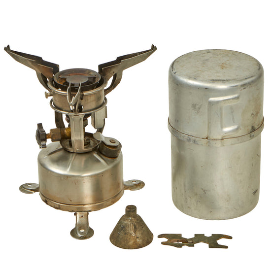Original WWII U.S. Issue Aladdin Company Gasoline Camp Mountain Stove in Bayonet "F" Canister - both dated 1945 Original Items