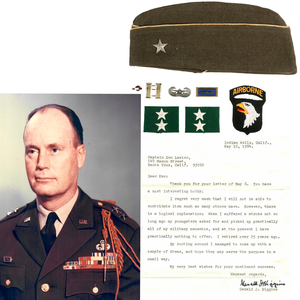 Original U.S. WWII General Gerald Higgins Assistant Division Commander 101st Airborne Division Named Overseas Cap - Signed Letter - Insignia Collection Original Items