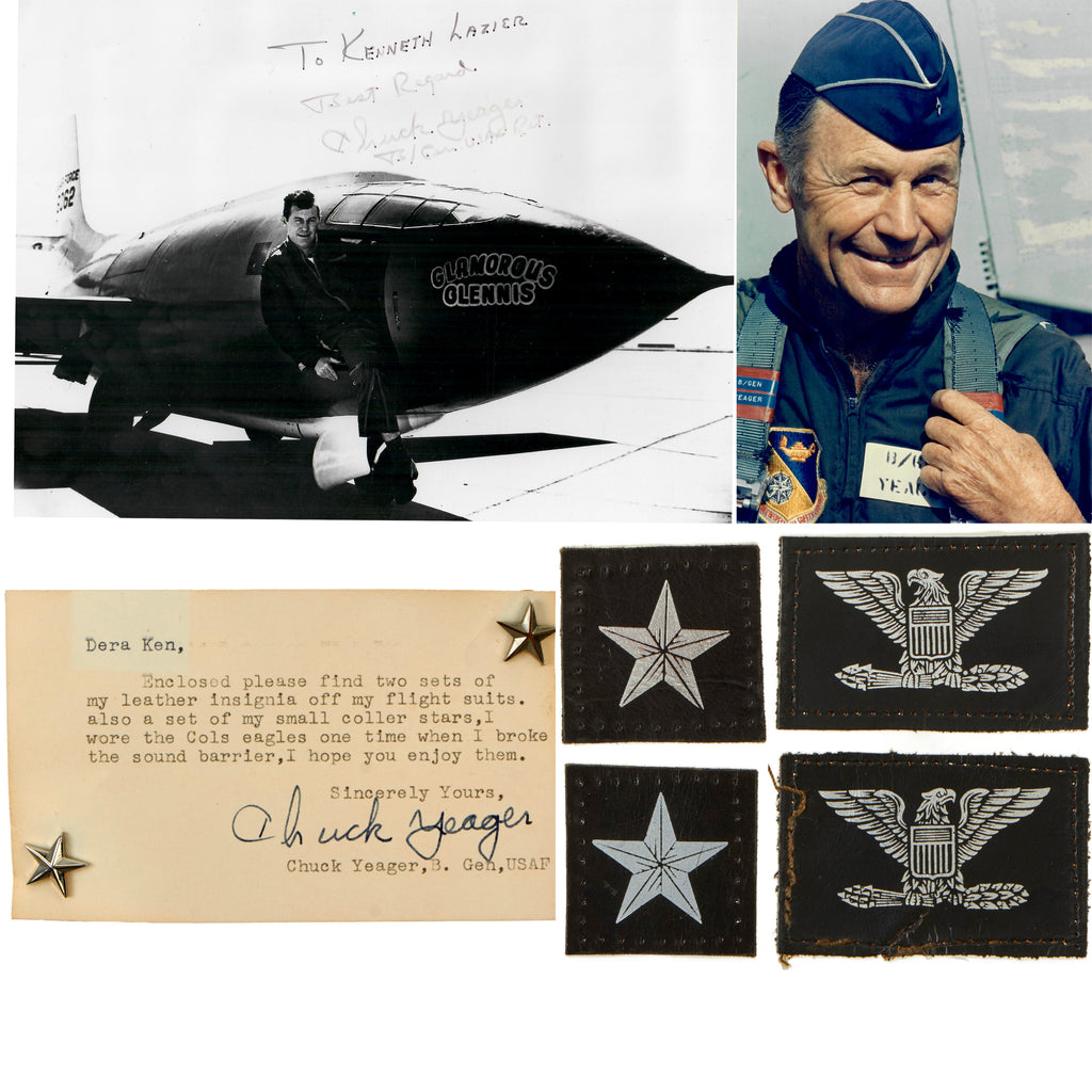 Original U.S. Brigadier General Chuck Yeager Signed Photograph - Letter of Provenances and Leather USAF Insignia Worn While Breaking the Sound Barrier Original Items