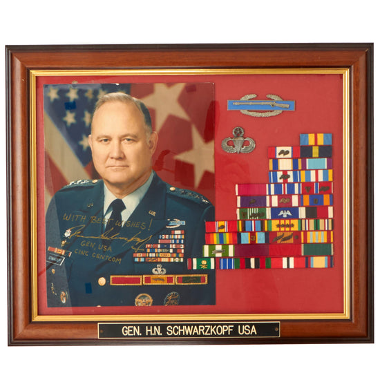 Original U.S. Signed Photograph of General U.S. Army Norman Schwarzkopf Jr. Framed With (36 Ribbons) Ribbon Rack And His Personal Combat Infantry Badge and Master Jump Wings - Framed 16 ½” 13 ½” Original Items