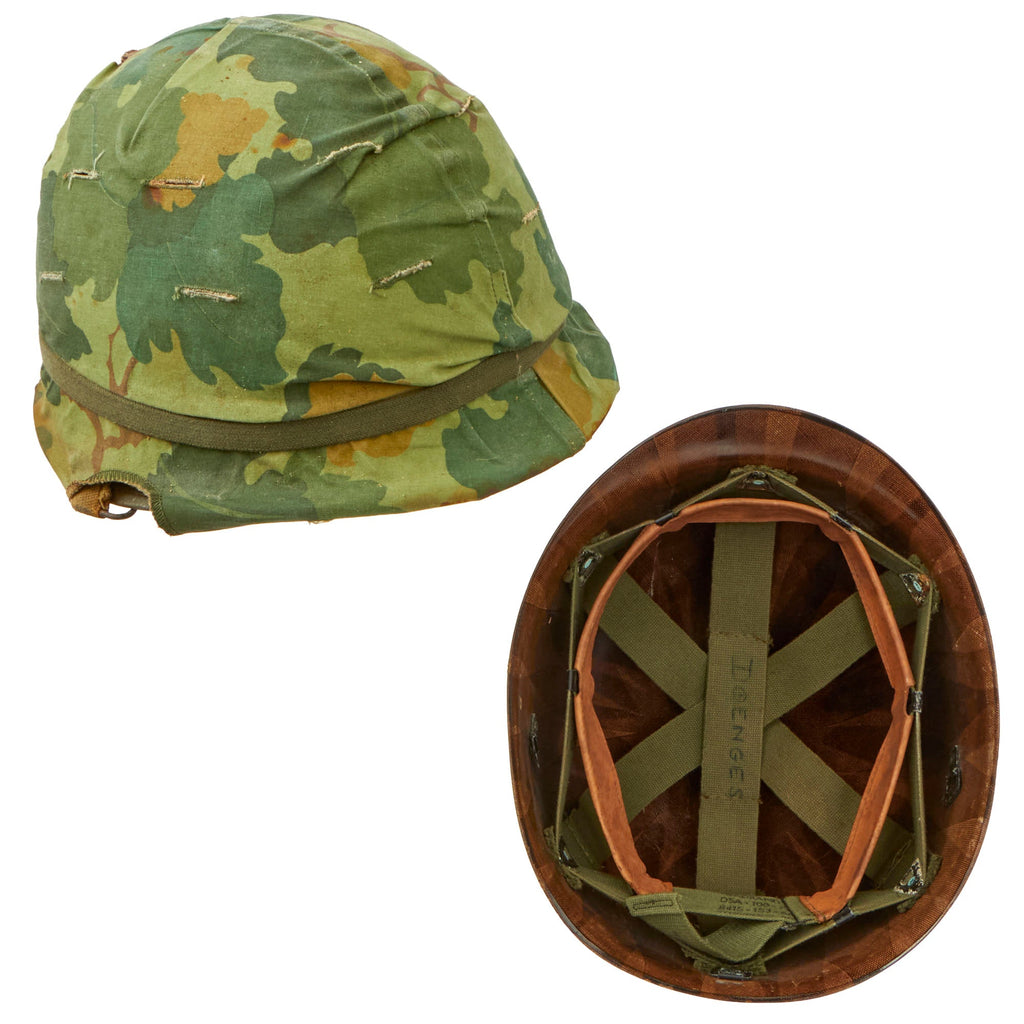Original U.S. Vietnam War Named M1 Helmet with Camouflage Cover and Westinghouse Liner Original Items