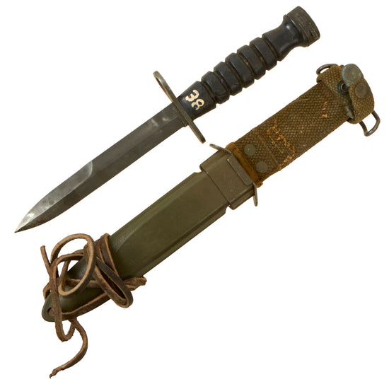 Original U.S. WWII Era M4 Bayonet by Utica Cutlery for the M1 Carbine with Molded Rubber Handle and Updated M8 Scabbard by B.M. Co Original Items