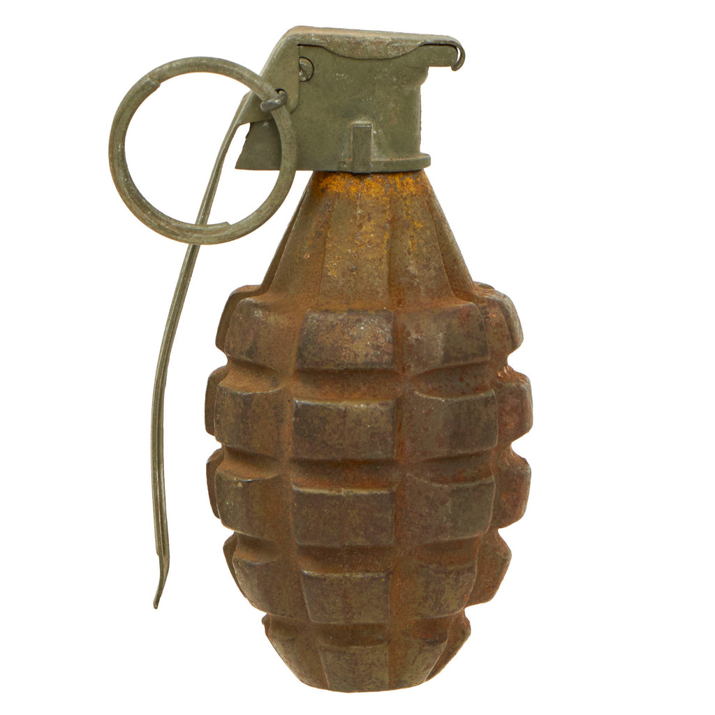 Original U.S. WWII Inert MkII Pineapple Grenade with Yellow Ring and M10A3 Fuze by The American Fireworks Company Original Items