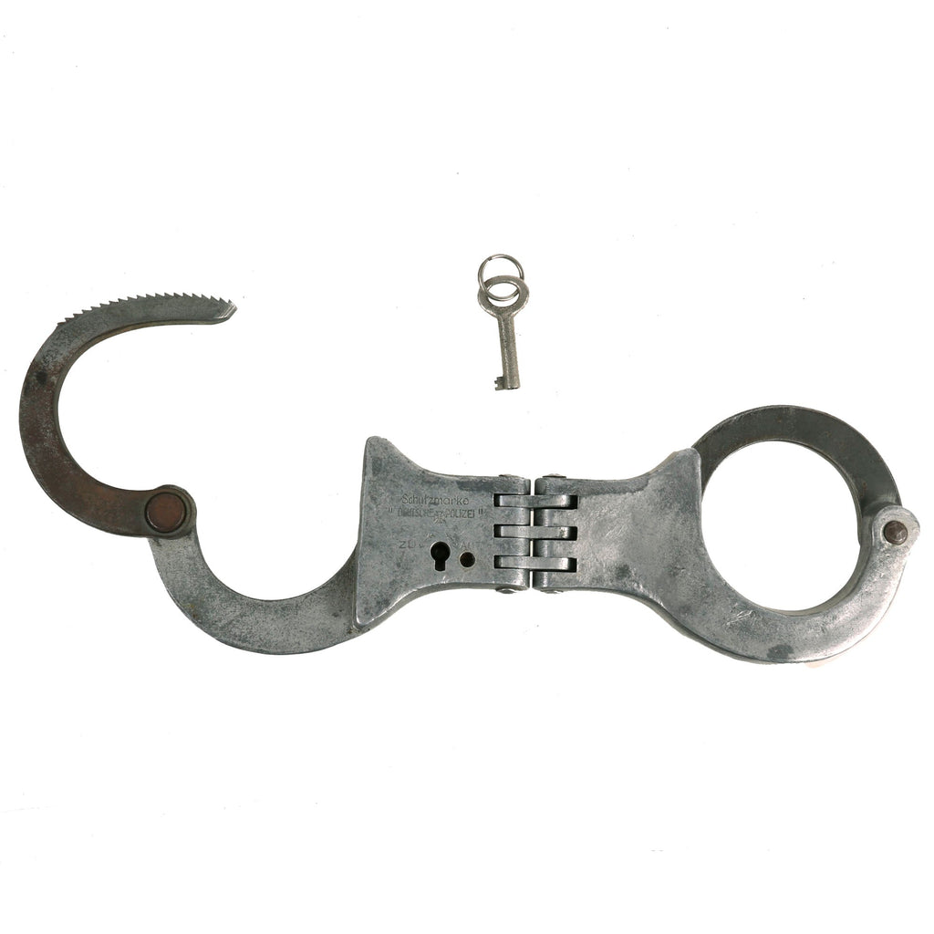 Original German Pre-WWII Weimar Republic Aluminum and Steel Hinged Police Handcuffs with Key Original Items