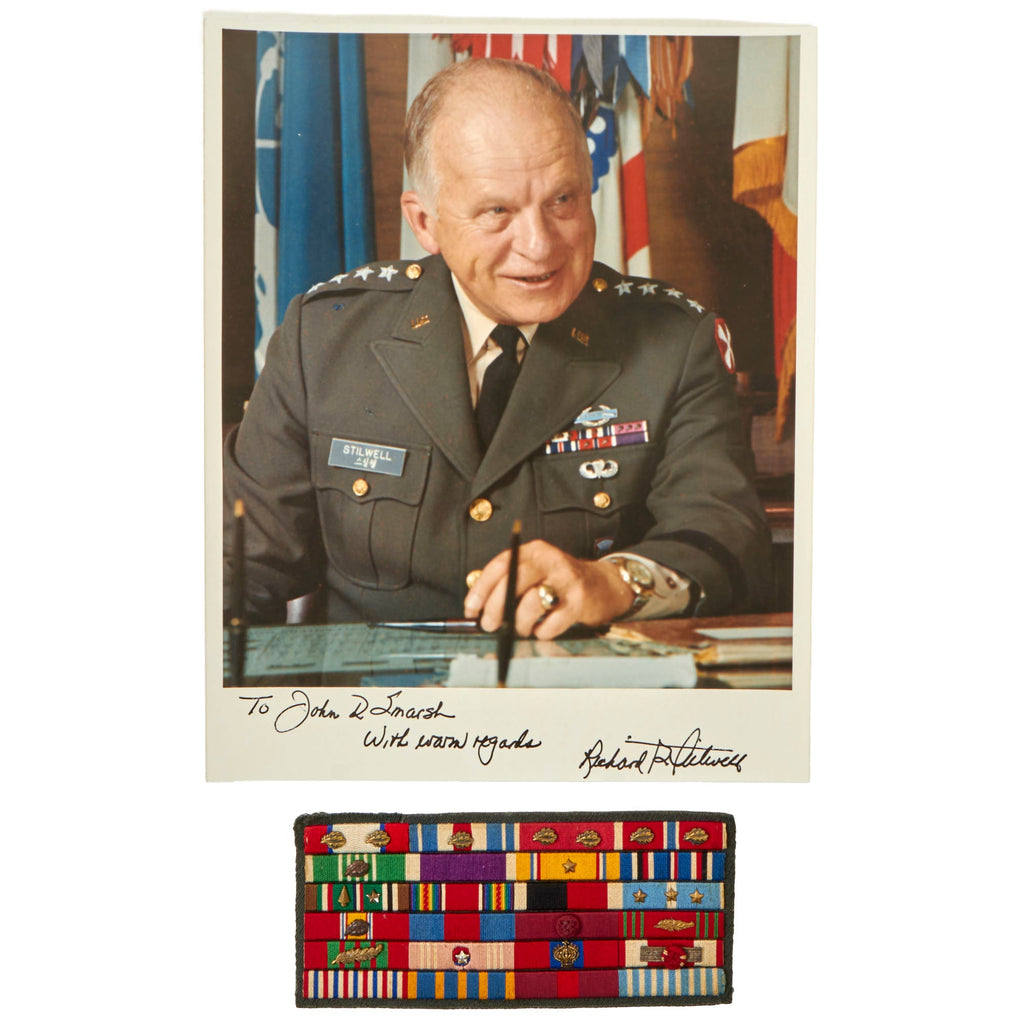 Original U.S. Commander-in-Chief of the U.N. Command in Korea General Richard G. Stilwell Embroidered Ribbon Rack and Signed Photo Original Items
