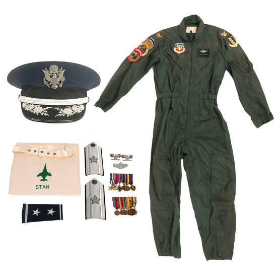 Original U.S. Air Force CWU-27/P Flying Suit, Peaked Visor, Ascot, Mini Medals and Insignia Lot For Major General Stanton Musser Original Items
