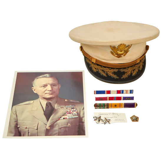 Original U.S. WWII / Korean War Major General James “Fearless Fosdick” Fry Peaked Visor, Signed Calling Card and Ribbon Grouping With Photo - 2nd Infantry Division Commander Original Items