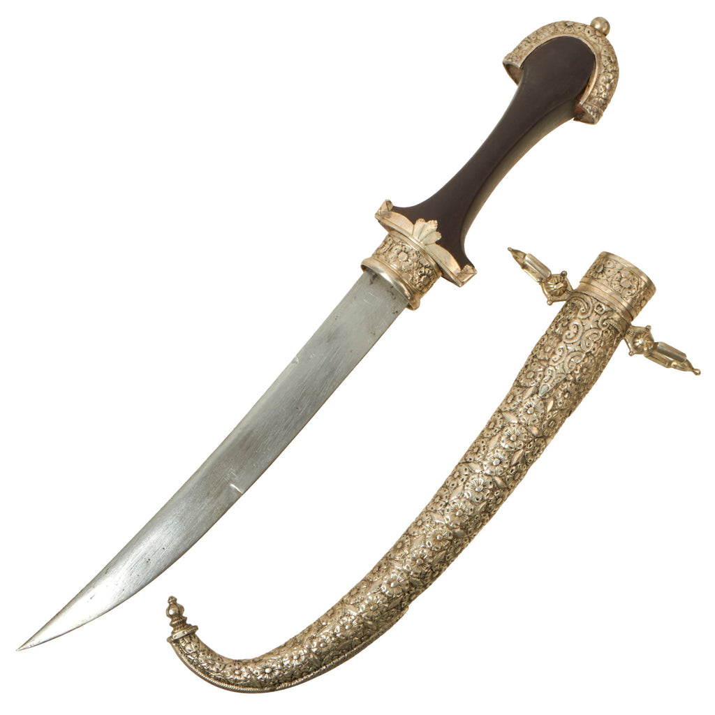 Original 19th Century North African Silver Mounted Jambiya Dagger with Silver Clad Scabbard c. 1860 Original Items