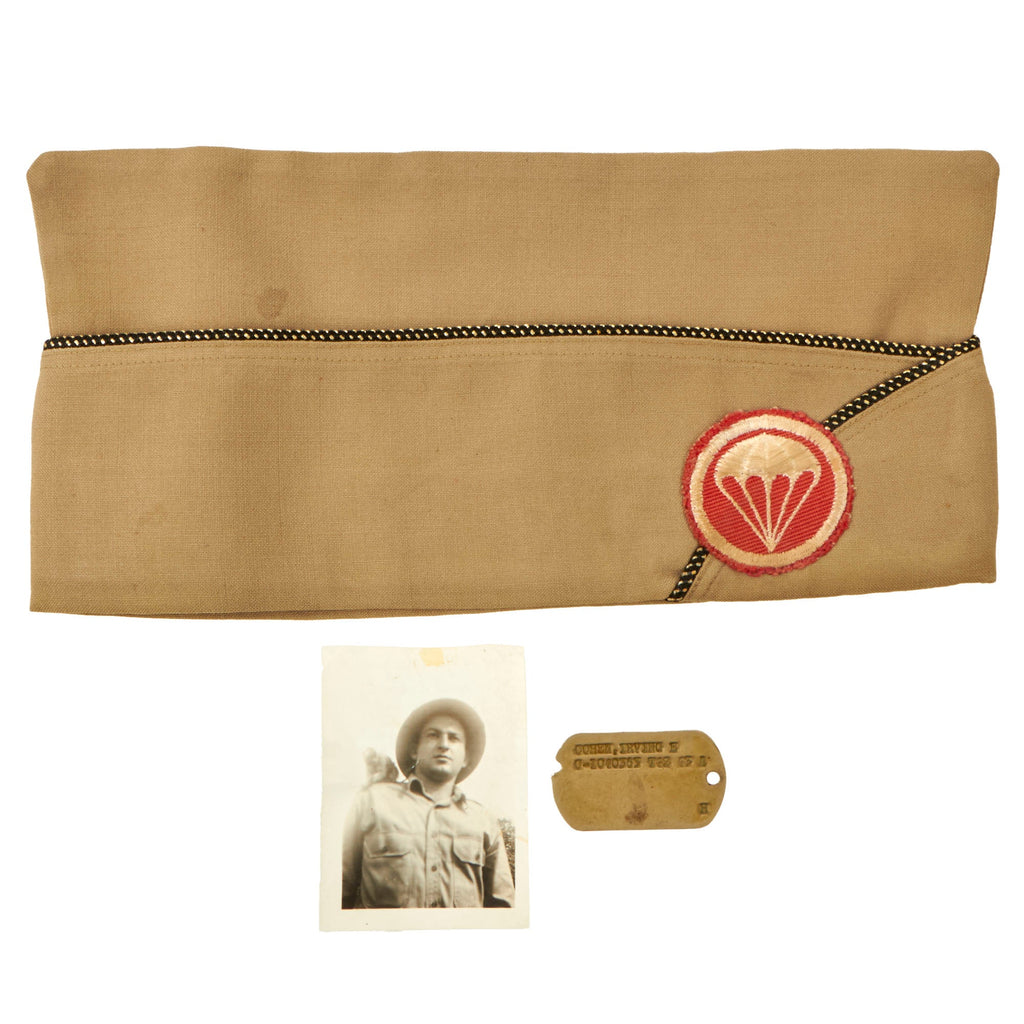 Original U.S. WWII Named Parachute Field Artillery Battalion Officer’s Overseas Cap With Dog Tag and Photo - Irving E. Cohen Original Items