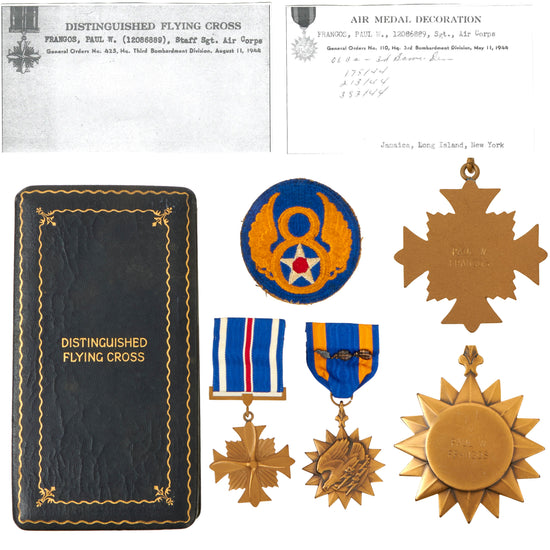Original U.S. Name Engraved Medal Set - B-17 Gunner Ssgt Paul W. Frangos - 3rd Bombardment Division 8th Air Force- Air Medal & Distinguished Flying Cross Original Items