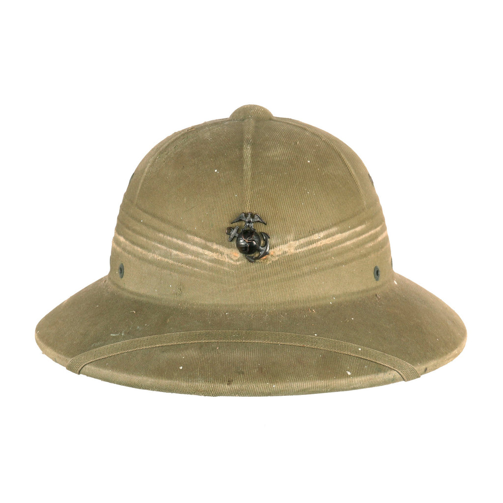 Original U.S. WWII USMC Pressed Fiber Sun Helmet by International Hat Co Dated 1944 Original Items