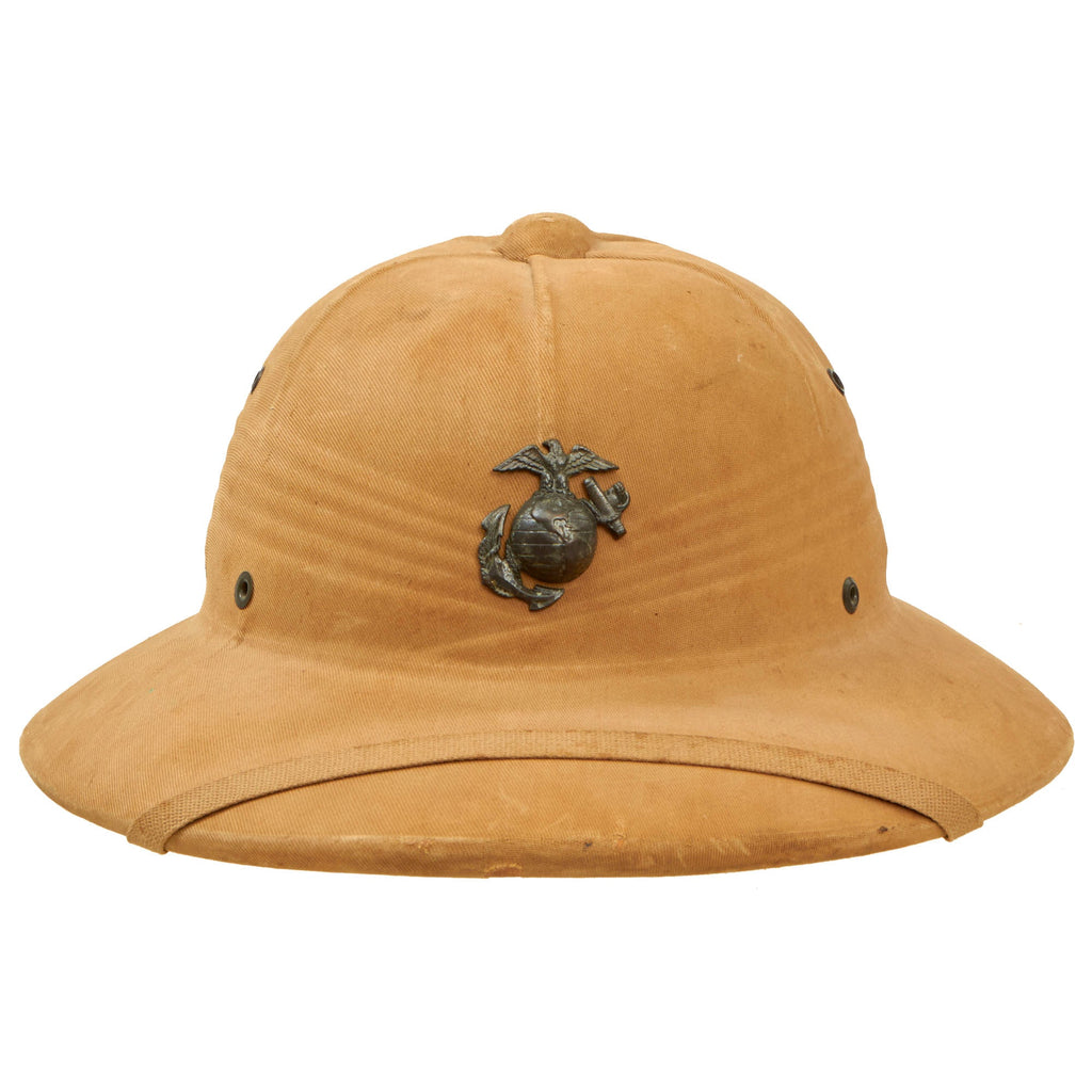 Original U.S. WWII USMC Named Pressed Fiber Sun Helmet by International Hat Co Dated 1943 Original Items