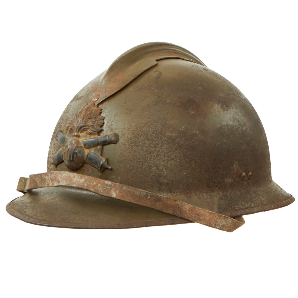 Original French WWII Complete Early Model 1926 Adrian Artillery Helmet with Liner & Chinstrap - Olive Green Original Items