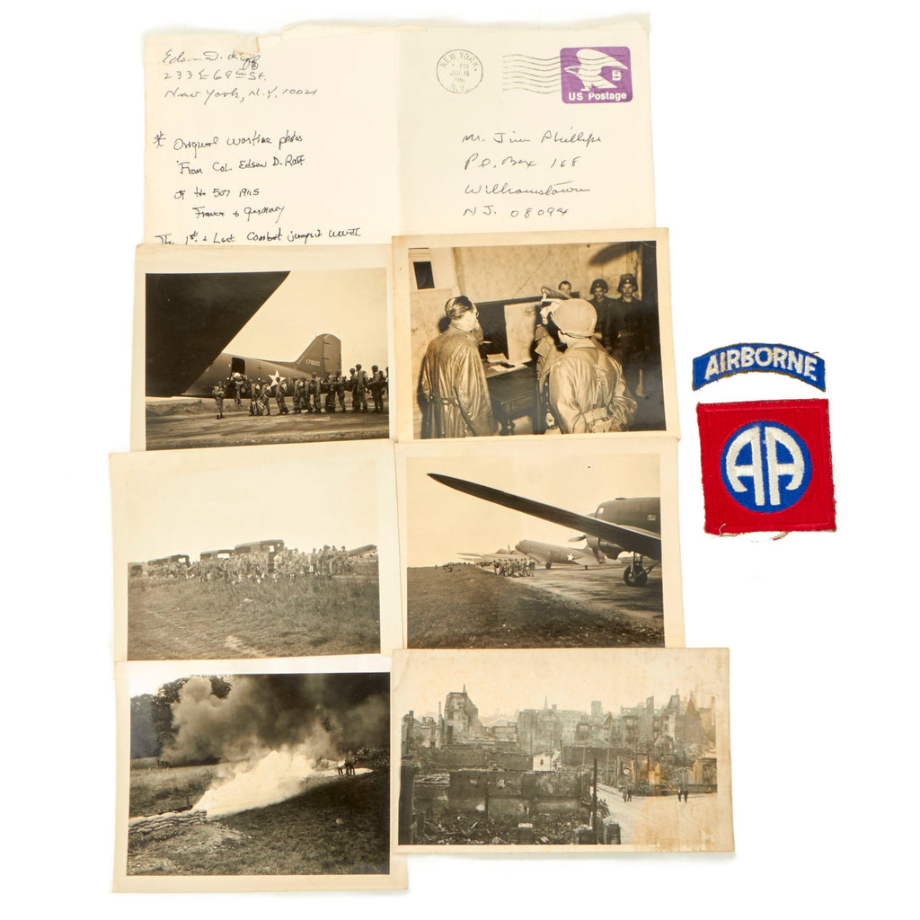 Original U.S. WWII Colonel Edson Raff, 507th Parachute Infantry Regiment Commander Operation Varsity Photo Collection With Shoulder Sleeve Insignia - (8) Items Original Items
