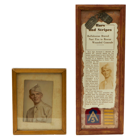 Original U.S. WWII Framed Bronze Star Recipient’s Dog Tag and Patch Grouping - Sergeant Richard J. Meindl Original Items