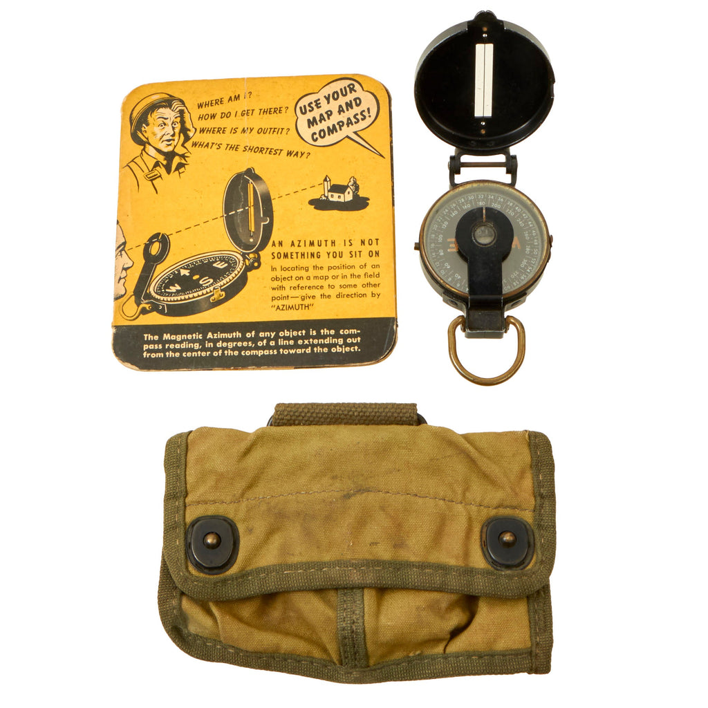 Original U.S. WWII US Army M1938 Lensatic Compass By W.&L.E. Gurley With 1st Model “Split Type” Pouch and Land Navigation Training Booklet Original Items