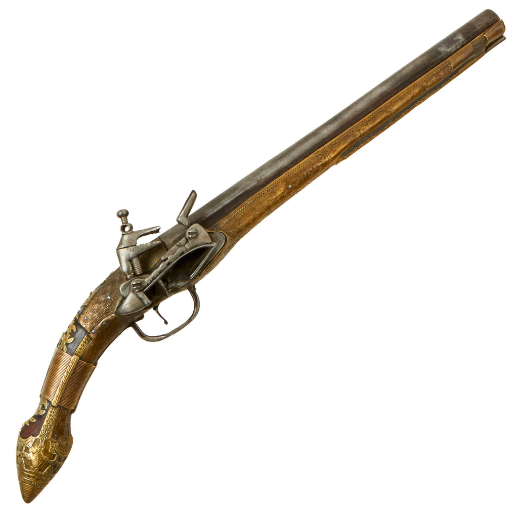 Original 19th Century Balkan Embossed Brass Clad Miquelet Lock Rat Tail "Pirate" Pistol - circa 1800 - 1820 Original Items