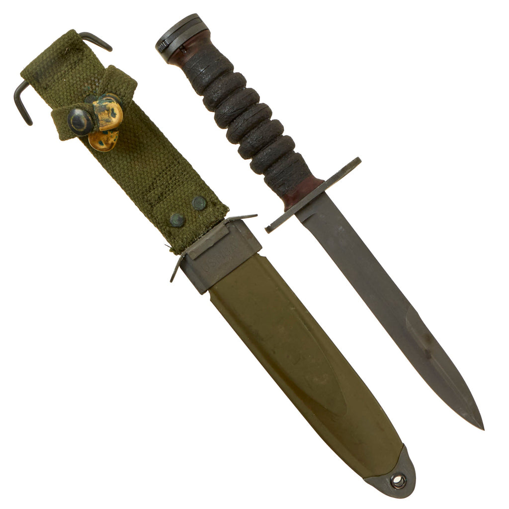 Original U.S. WWII M4 Bayonet by Imperial for the M1 Carbine with M8A1 Scabbard by Pennsylvania Working Home for the Blind Original Items