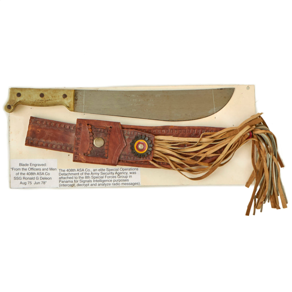 Original U.S. Cold War Presentation Machete Engraved to SSG Ronald G. Deleon, 408th Army Security Agency Company - Attached to 8th Special Forces Group in Panama - Dated 1978 Original Items
