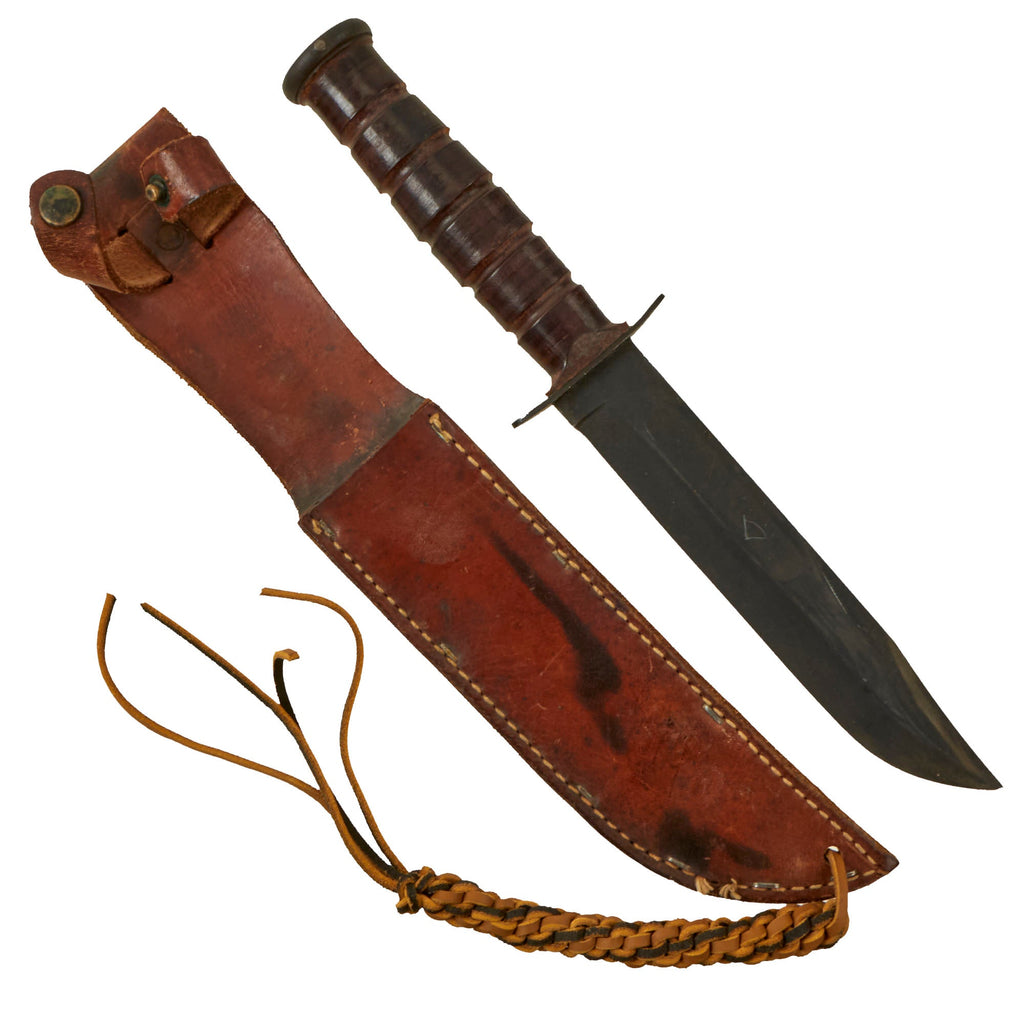 Original U.S. WWII USMC Mark 2 KA-BAR Fighting Knife by CAMILLUS in Leather Sheath with Braided Leather Thong Original Items