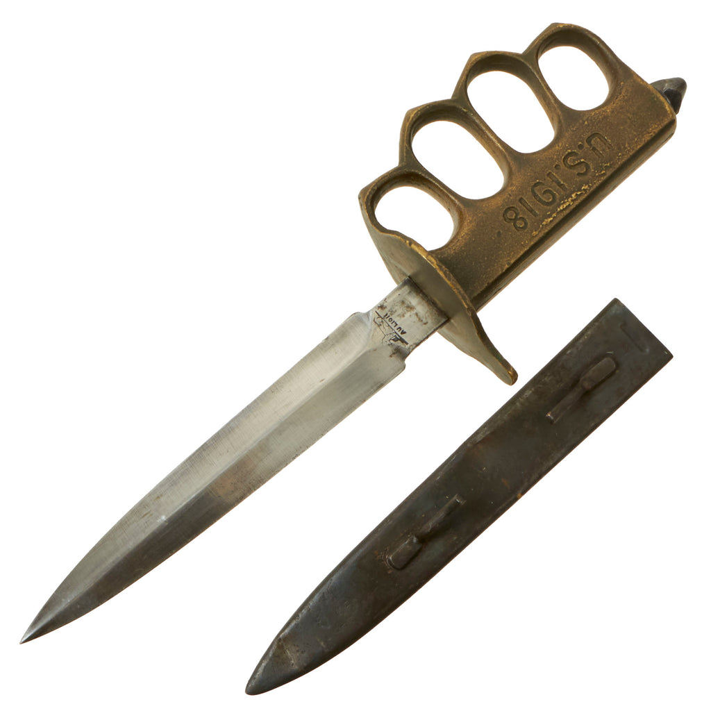 Original U.S. WWI Model 1918 French Made Mark I Trench Knife by AU LION with Correct Steel Scabbard Original Items