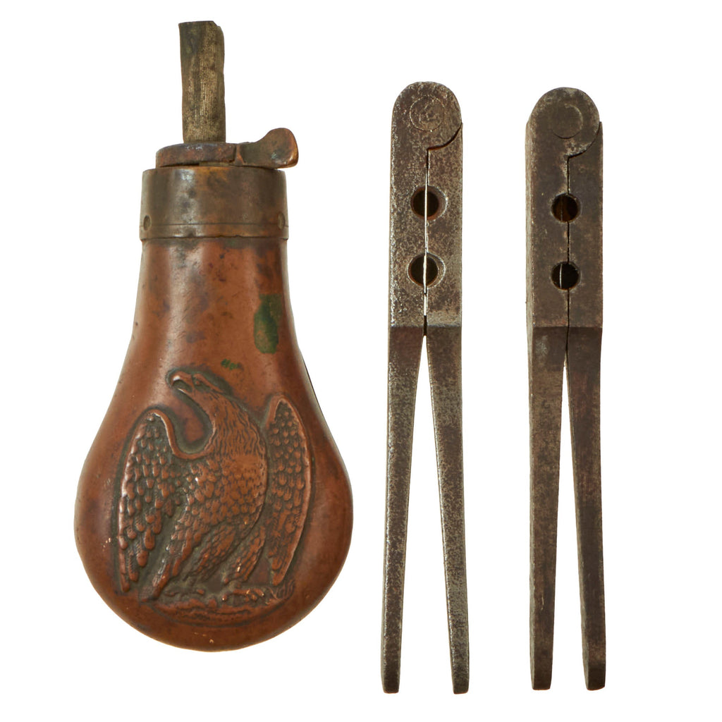 Original U.S. Civil War Colt Pocket Revolver Powder Flask with Two Colt Style Bullet Molds - .31cal. & .36cal. Original Items