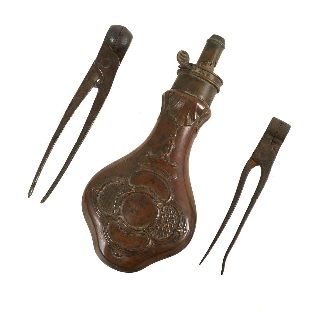 Original U.S. Pre-Civil War 1850s A.M. Flask & Cap Co Powder Flask with Two Large Caliber Bullet Molds Original Items