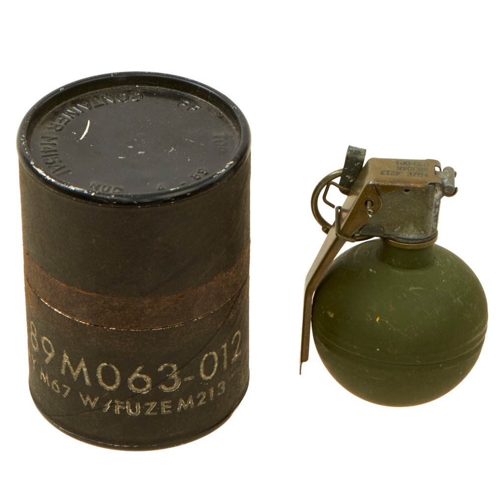 Original U.S. Current Issue Inert M67 Fragmentation Hand Grenade with M213 Fuze in Husk Canister - RARE Original Items