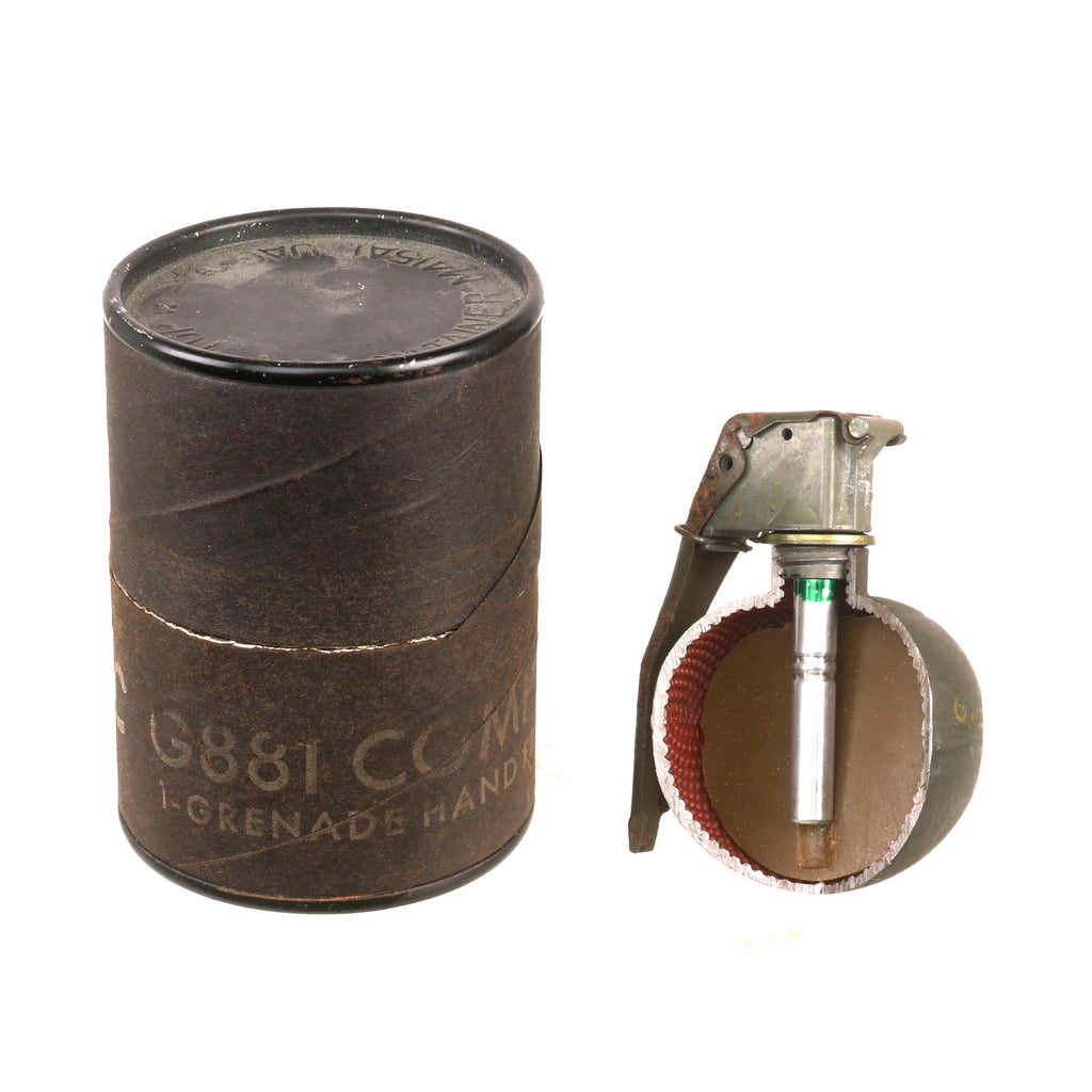 Original U.S. Current Issue Inert M67 Fragmentation Hand Grenade Cutaway with M213 Fuze in Husk Canister - RARE Original Items