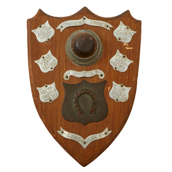 Original British WWI Souvenir Shield Plaque with Battlefield Relics Sent to VAD Worker Elizabeth Trimble with Note of Provenance Original Items