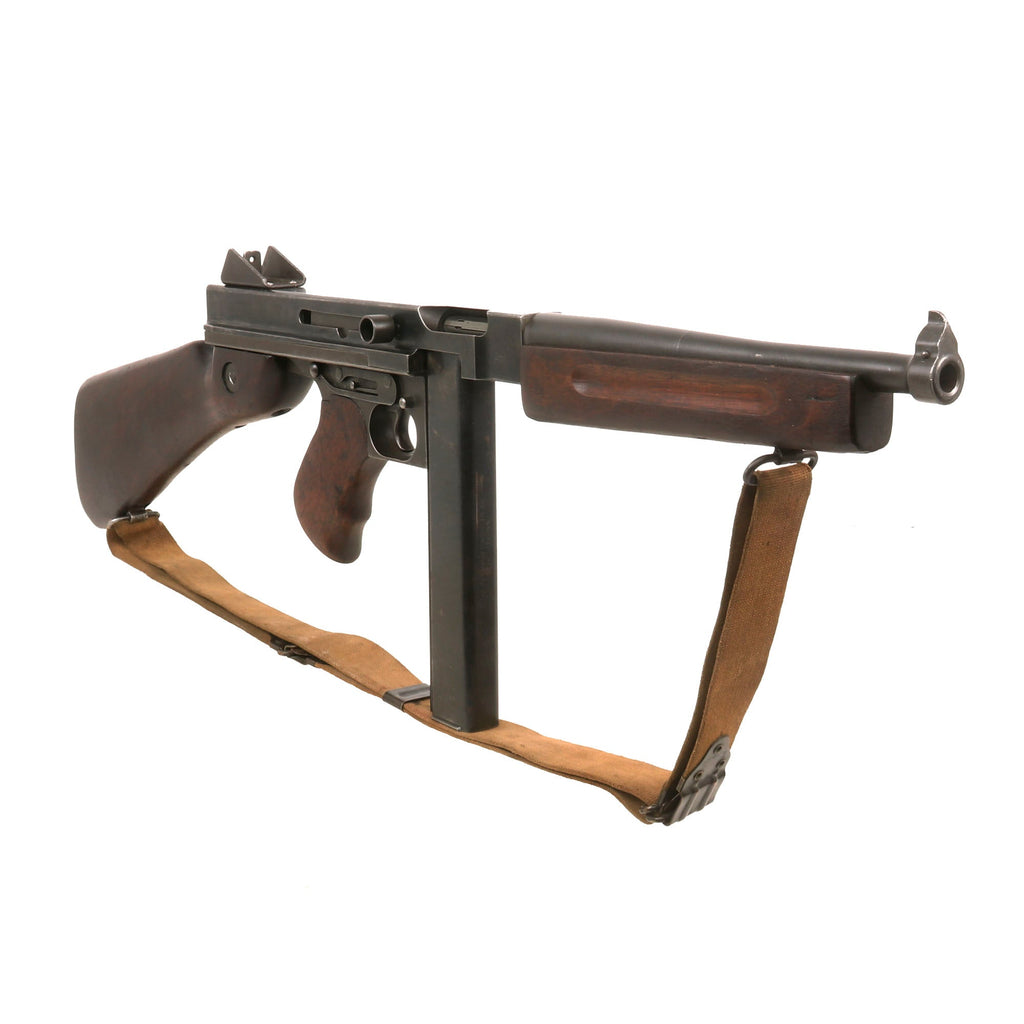 Original U.S. WWII Thompson M1A1 Display Submachine Gun Serial 437841 with NOBUCKL Sling, Magazine, Dummy Rounds - Original WWII Parts Original Items