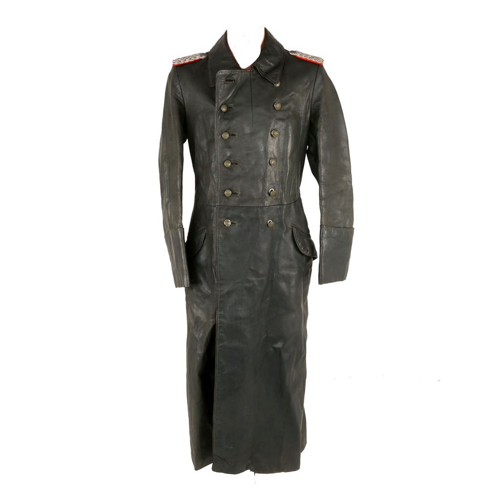 Original German WWII Heer Army Artillery Major Officer's Private Purchase Gray Leather Greatcoat by Leder-Kühne of Dresden Original Items