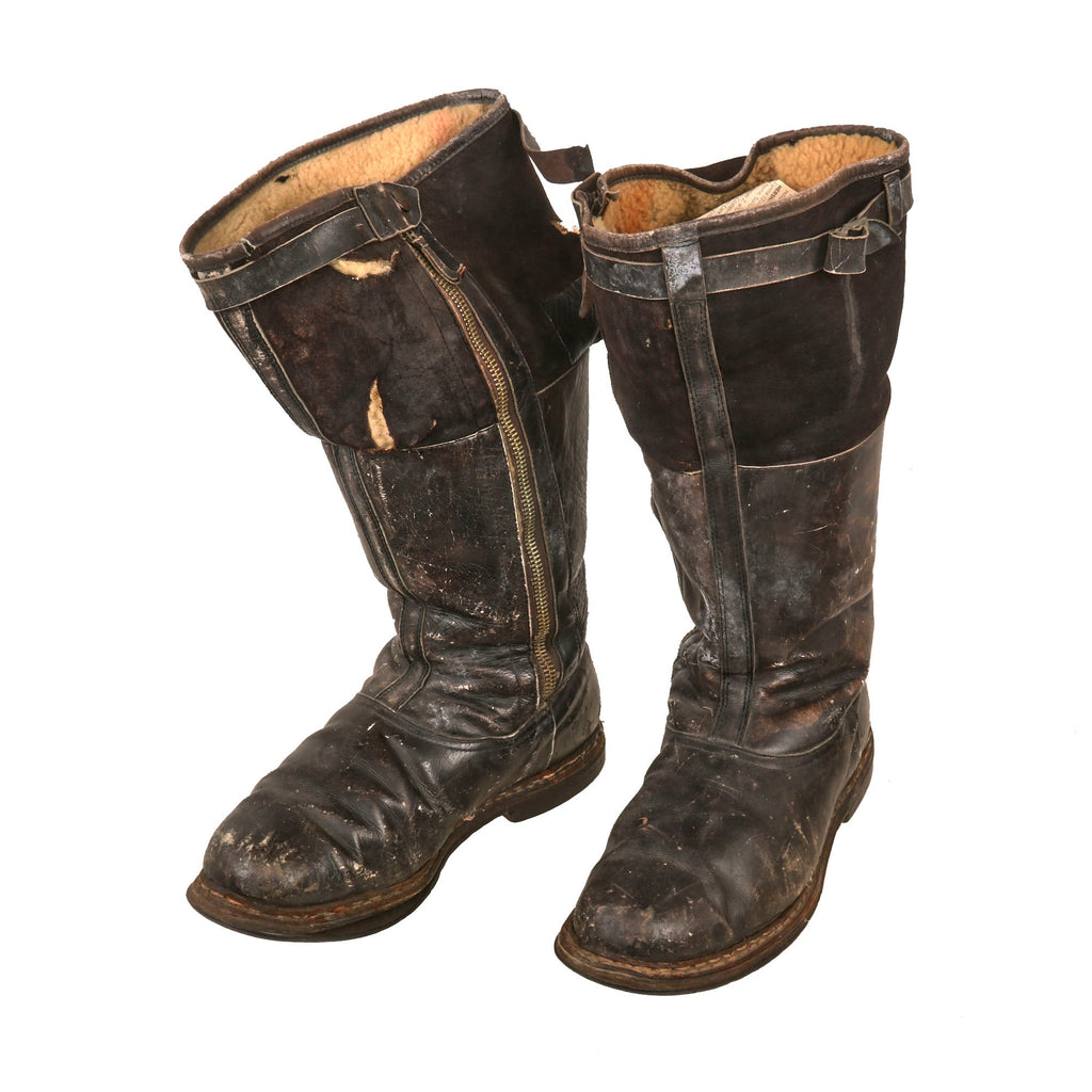 Original German WWII Luftwaffe Fleece-Lined Leather Pilot Flying Boots - Single Zipper Original Items